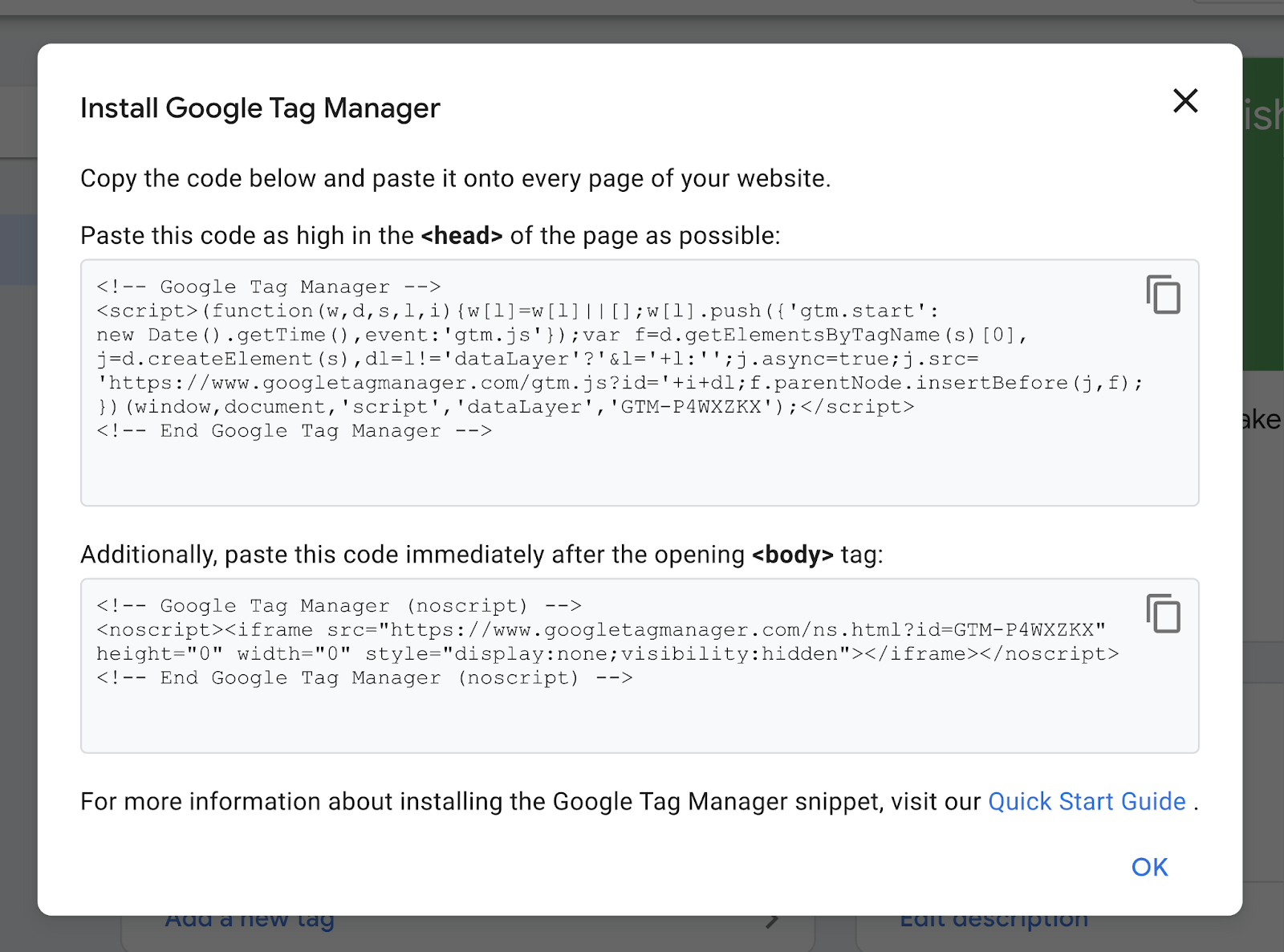 trecho de código para instalar o gtm